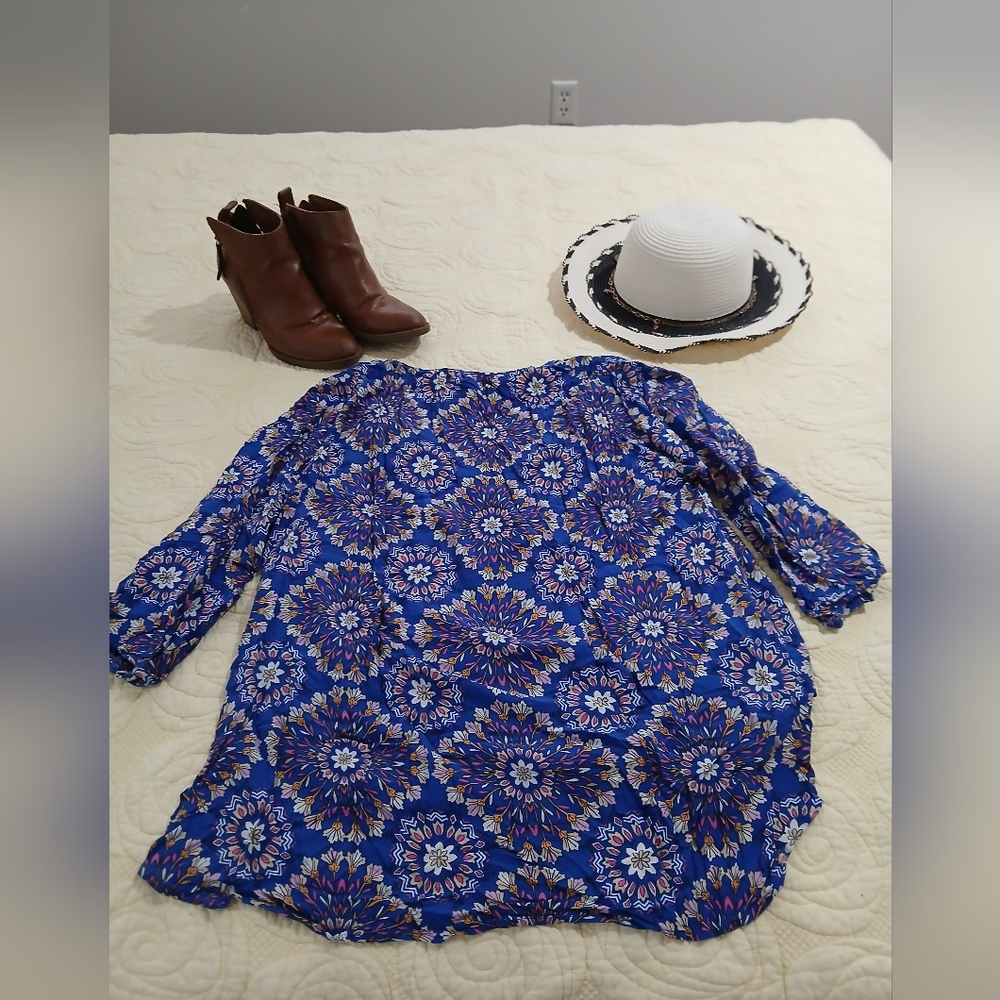 Stylus Blue Floral Boho Rayon Tunic Top XL Button Sleeve - Picture 3 of 6